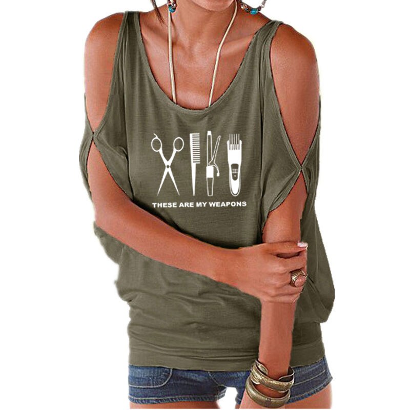 Barber T Shirt Women O-Neck Hairdresser Weapon T-shirt Woman scissors Tops Girl Sexy Off Shoulder Batwing Lace up Top Tees