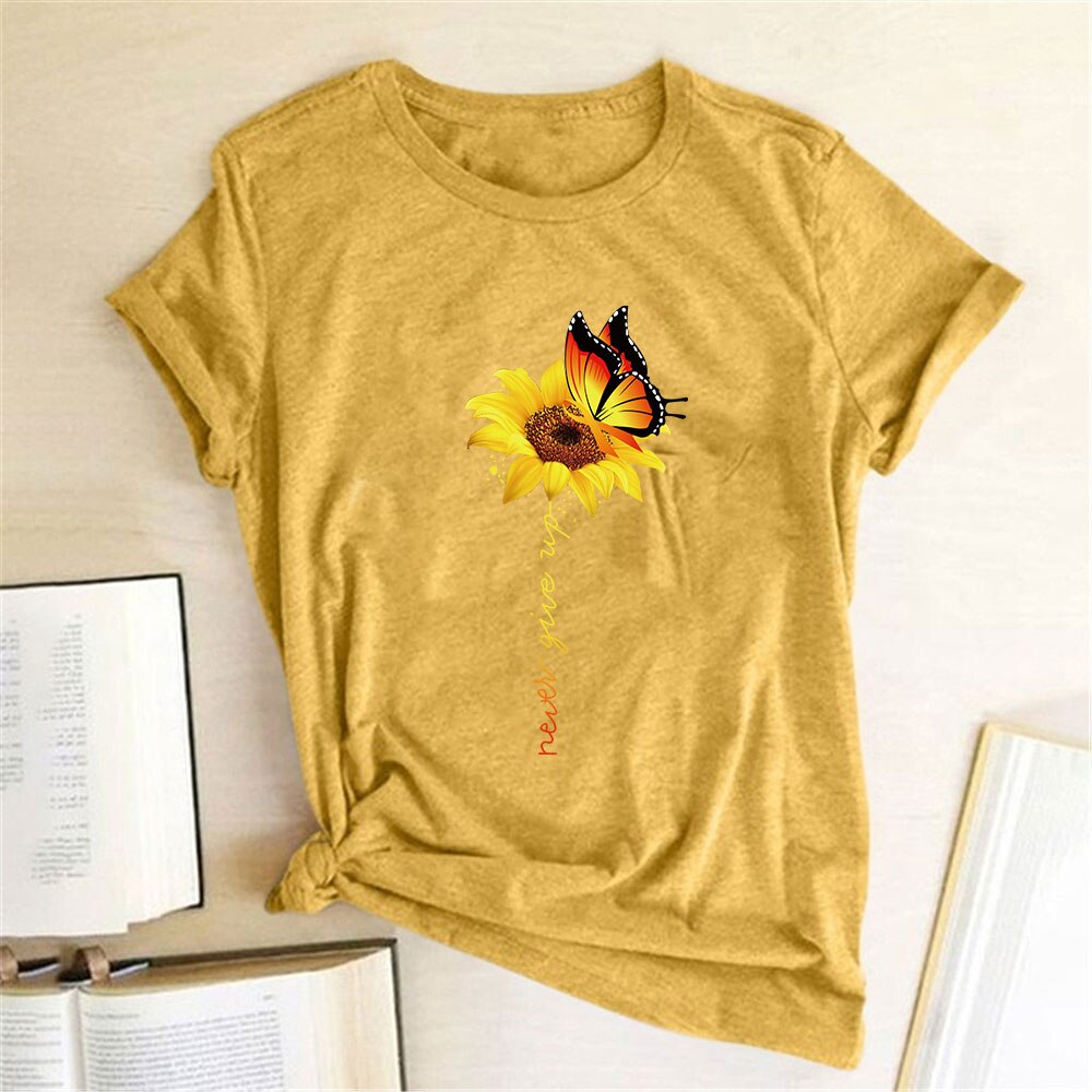 Aesthetic Cotton T Shirt Women Harajuku Graphic Tees Shirt Femme Sun Flower Butterfly White Women's T-shirt Never Give Up Tshirt