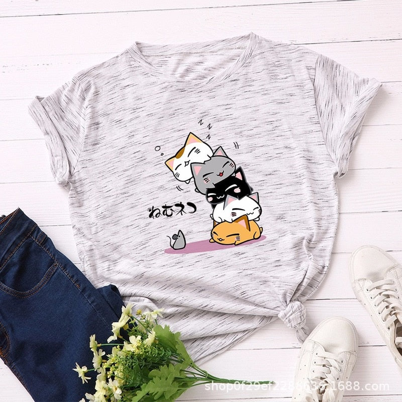 Summer T-Shirt Women Plus Size S-5XL Cotton Graphic Funny Cats Print Female Short Sleeve Simple Tshirts Casual Fashion Tops Tees