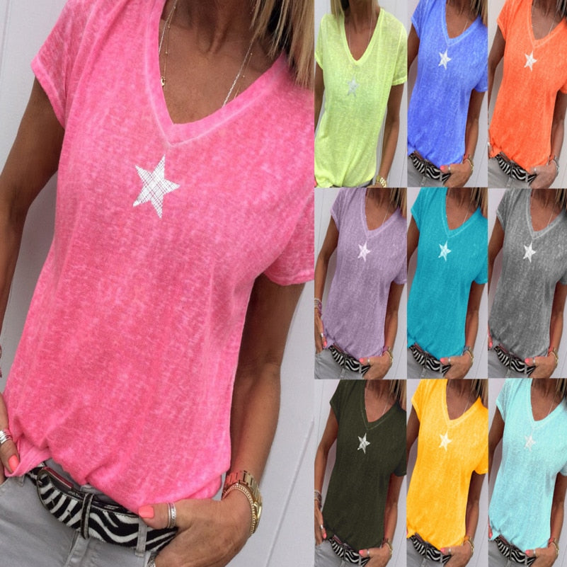 Summer T Shirt Women Casual V-Neck T-shirts Female Short Sleeve