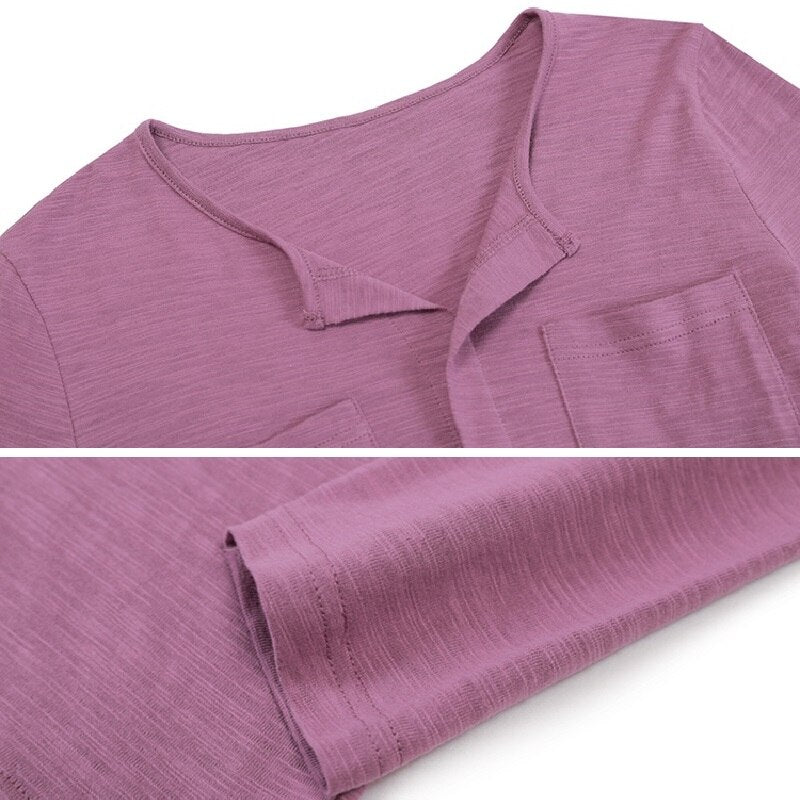 New 2021 Cotton Casual Two Pockets V-Neck T Shirts Women Spring Winter Long Sleeve Coffee Purple T Shirt Female Solid Color Tops