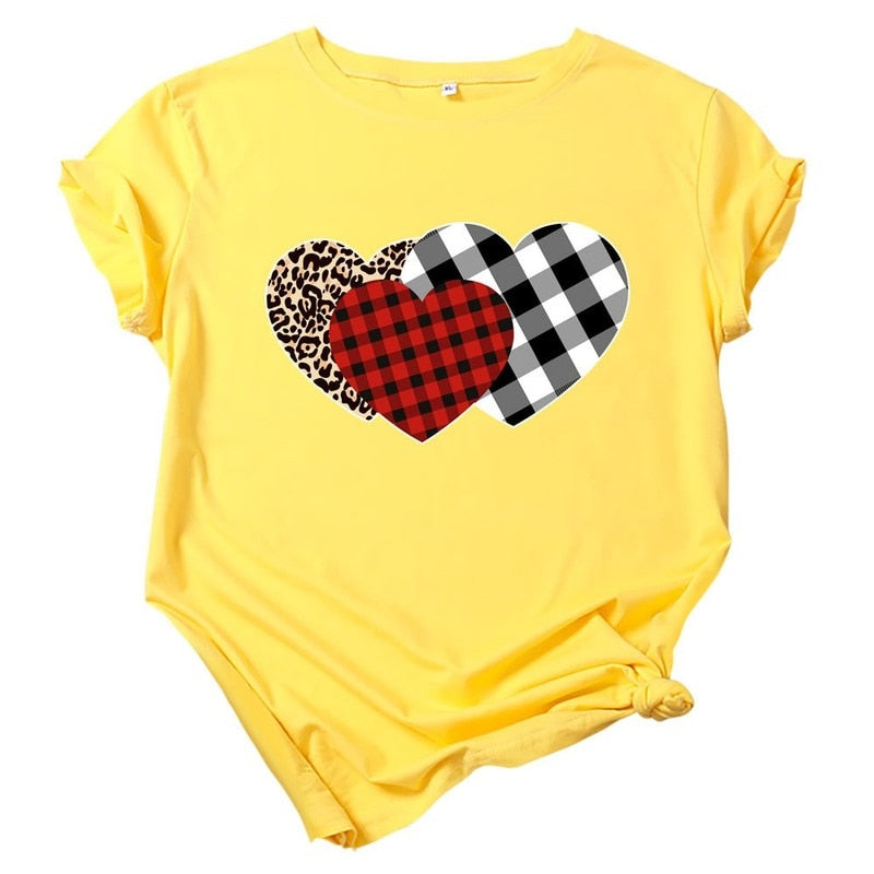 JCGO Summer Women T Shirt Cotton Plus Size 5XL Cute Plaid Heart Print Graphic Tees Tops Short Sleeve O-Neck Casual Woman Tshirts