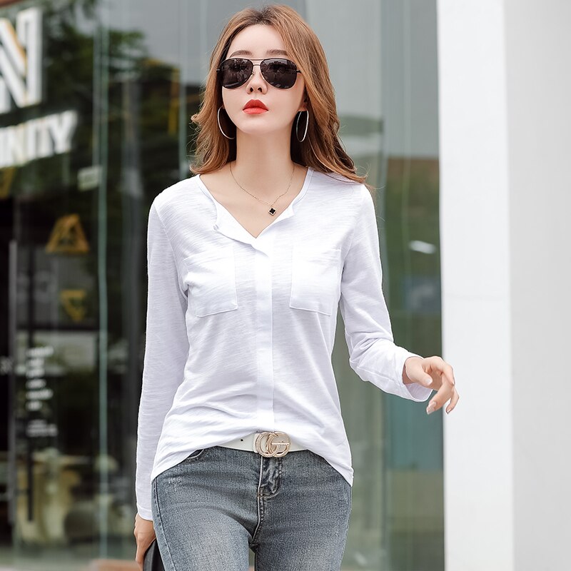 New 2021 Cotton Casual Two Pockets V-Neck T Shirts Women Spring Winter Long Sleeve Coffee Purple T Shirt Female Solid Color Tops