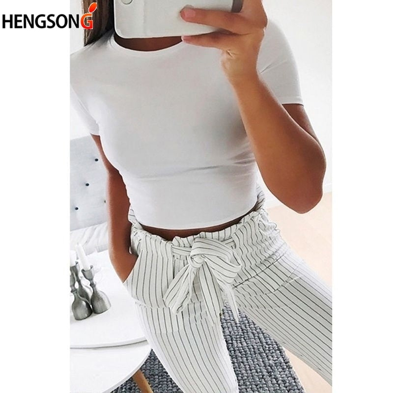 Summer Women Fashion Crop Top Shirt Solid Color O-Neck