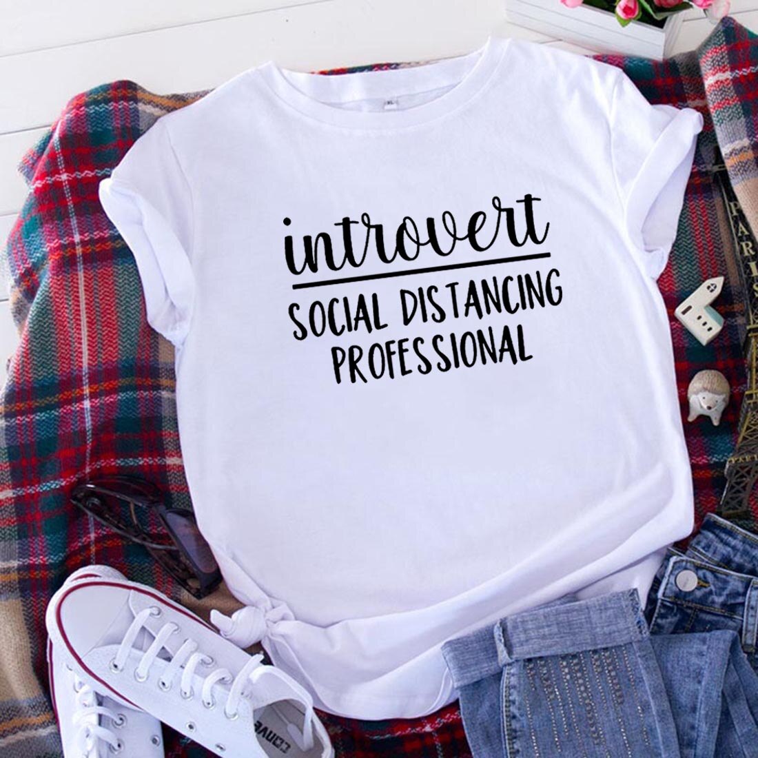 Introvert Social Distancing T Shirts Women Cotton Short