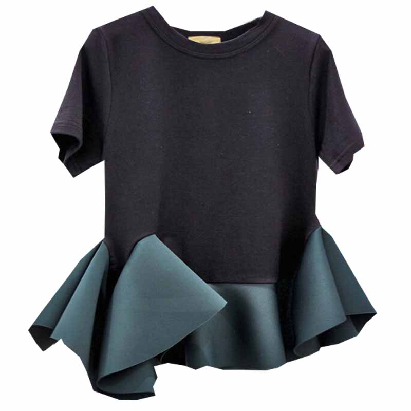 Black Stitching Ruffled Short-Sleeved T-Shirt Women's Summer Dress New Korean Office Lady Student Chic Tees GD007