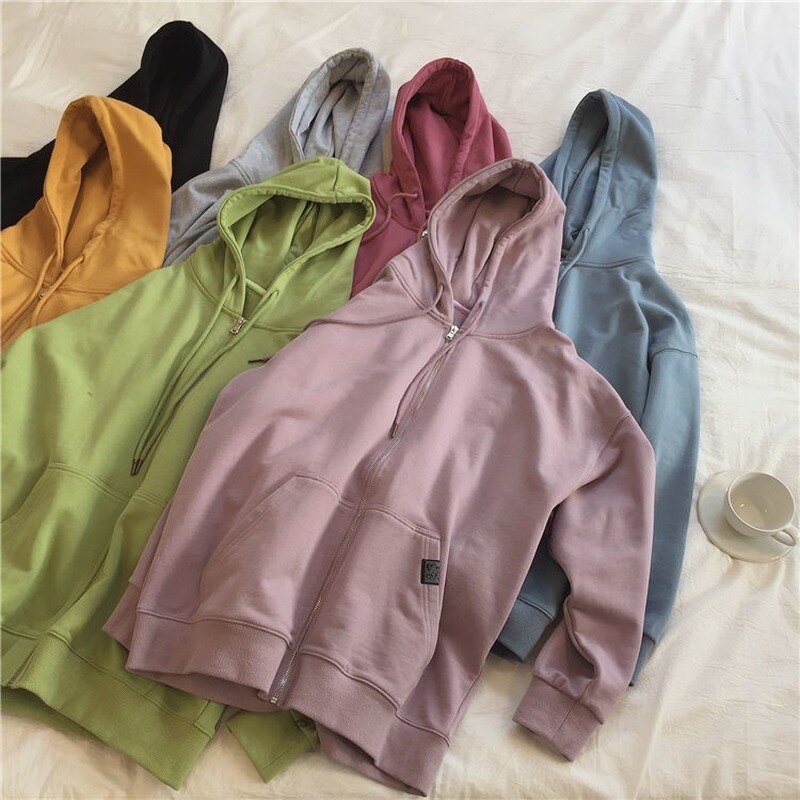 Hoodies women zipper kangaroo pocket casual loose solid color sweatshirt female