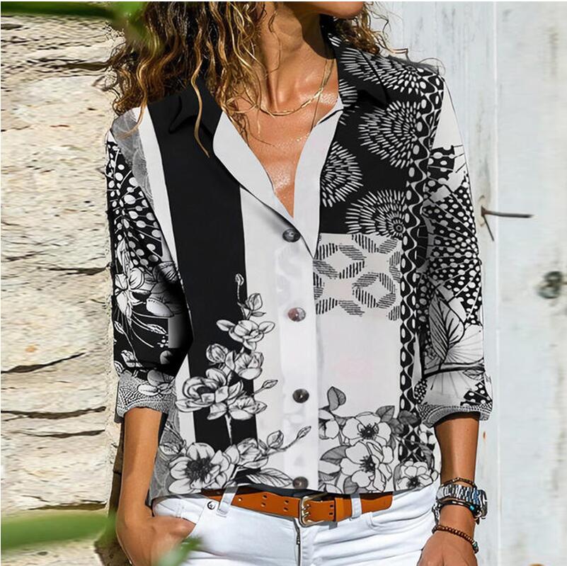 Women Retro Colorful Print Buttons Blouse Shirt Autumn Long Sleeve