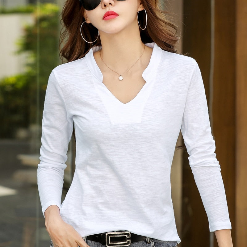 Long sleeve Women V-Neck Bamboo cotton T-shirt 2020 Plus size Loose Fashion Brand T-shirt Ladies Autumn winter Stand collar Tops