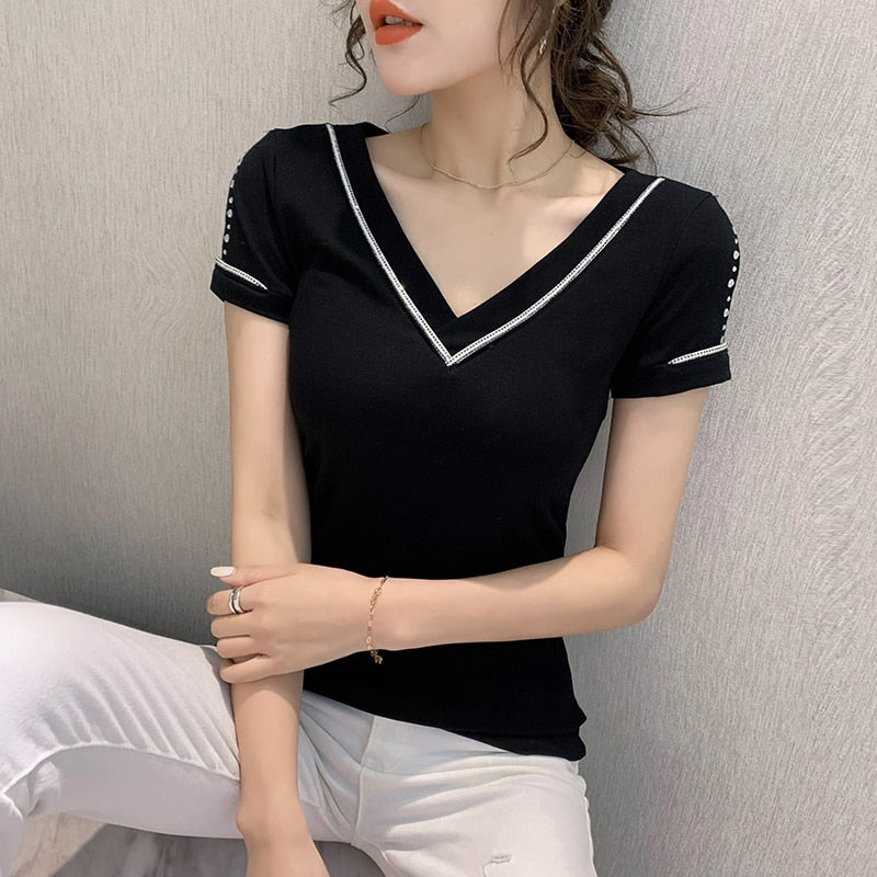 Summer Fashion Korean Clothes T-shirt V-Neck Diamonds