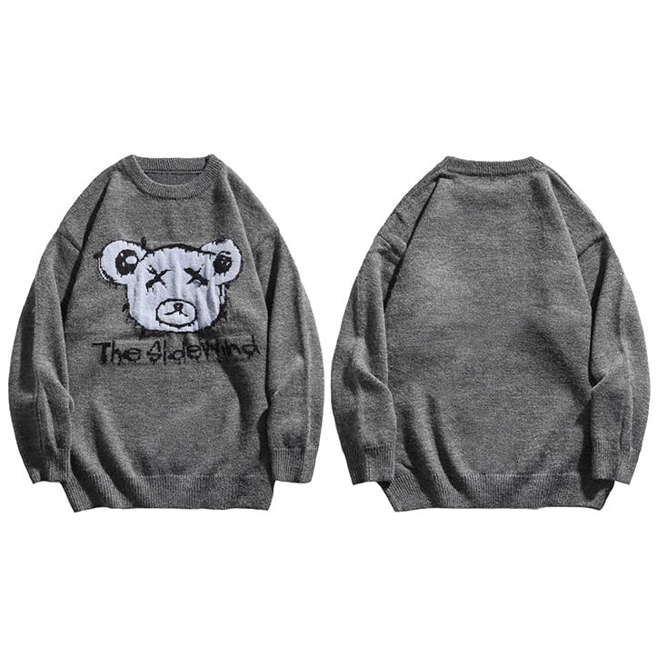 Men Hip Hop Streetwear Knitted Sweater Funny Bear Sweater Jumper