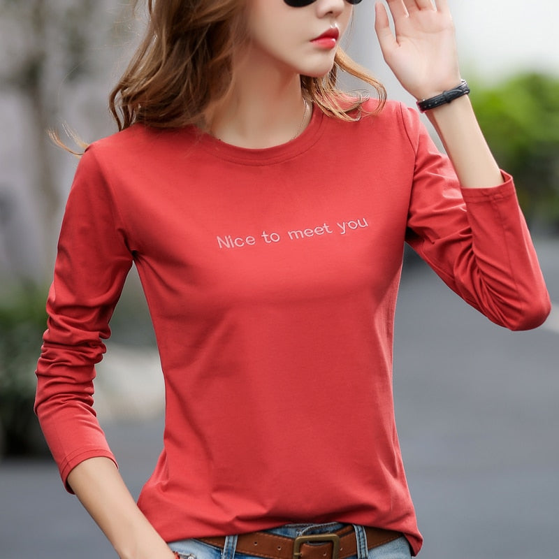 Letter Embroidery 2021 Autumn Cotton T-shirt Spring Women Long Sleeve Casual Red T shirts Fashion O-Neck Blue Yellow Simple Tops