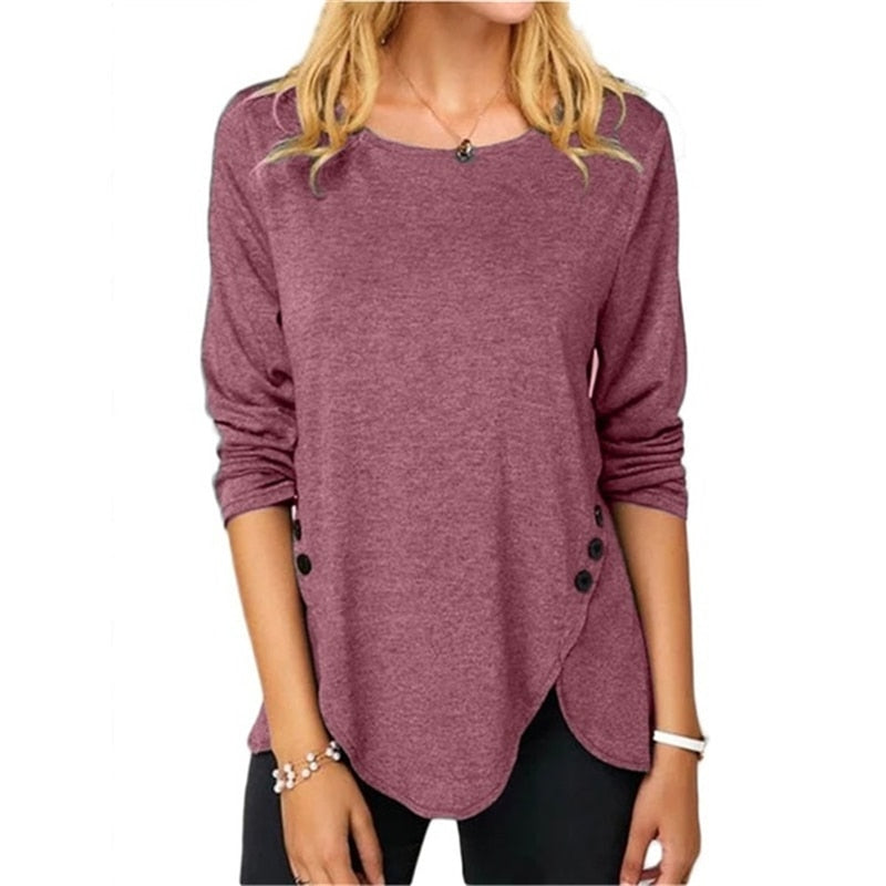 Women Round Neck Long Sleeves Button T-Shirt Color