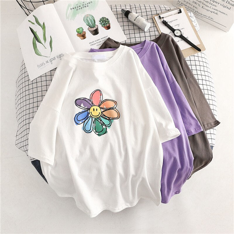 Yedinas Sunflower Print T Shirt Women Summer T-shirt Cotton Female Japanese Style Aesthetics Tops Oversized Streetwear Tee Shirt