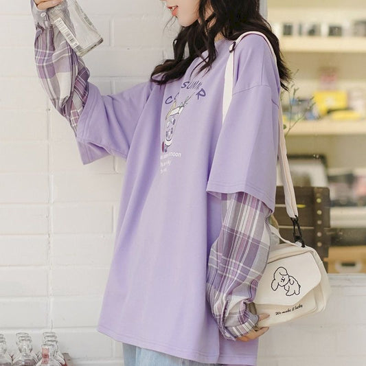 Long-sleeved fake two-piece iris purple T-shirt women's