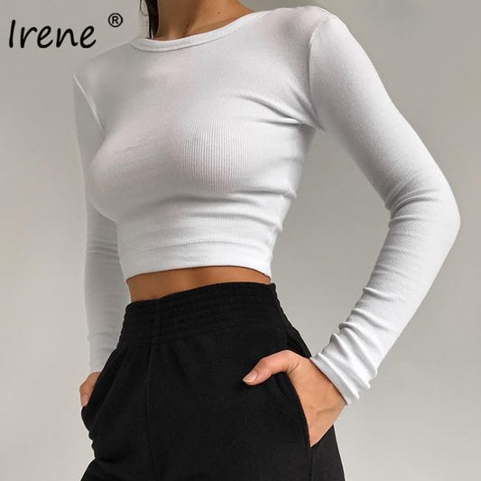 Irene O Neck Long Sleeve Shirt Women Ribbed Sexy Cropped