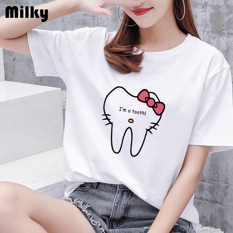 Aesthetic funny tooth dentist women's T-shirt 90s Harajuku Kawaii O-neck T-shirt pattern fashion printing Plus size women shirts