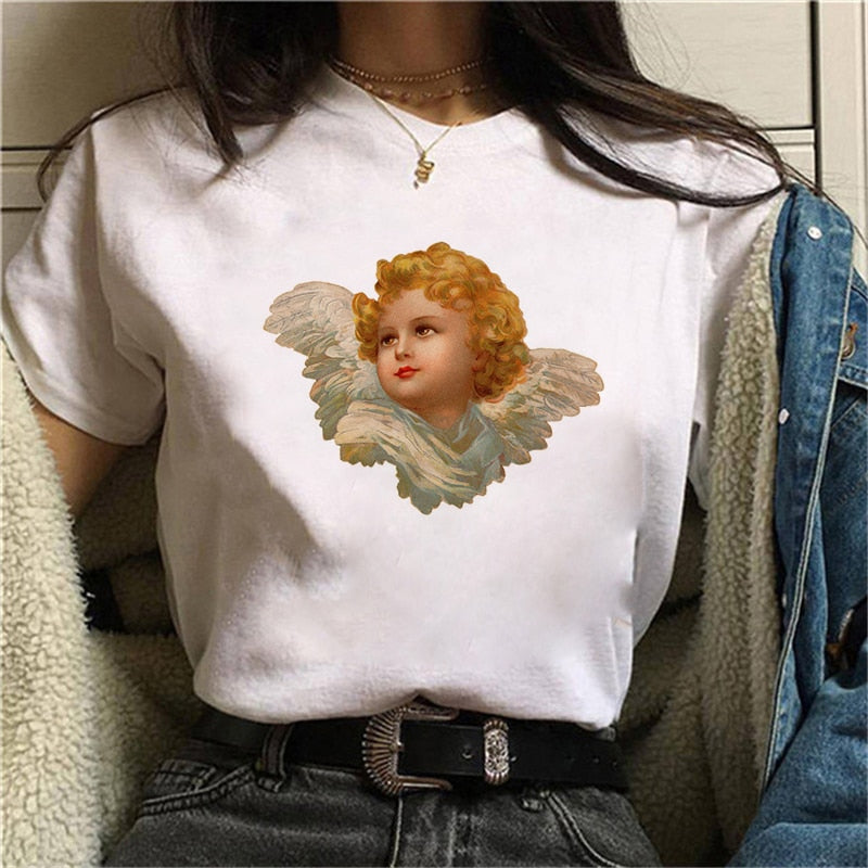 Cupid Angel Print T shirt Women Summer Cartoon Clothes