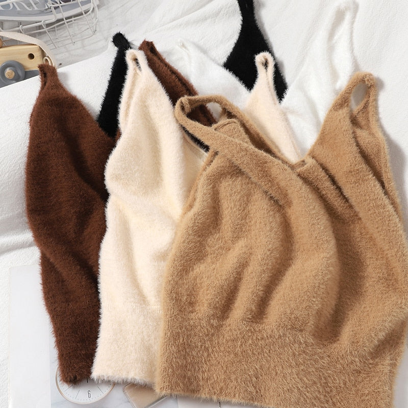 Women Summer Solid Fuzzy Knitted Crop Tops V Neck Sexy Cosy