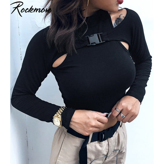 Rockmore Korean Style Harajuku Buckle Women Turtleneck Long Sleeve T Shirt Femme Basic T-shirt Hollow Out Gothic Cotton Crop Top