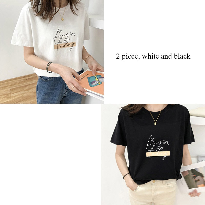 Casual O-neck Letter Print Women T-shirt Summer Short Sleeve