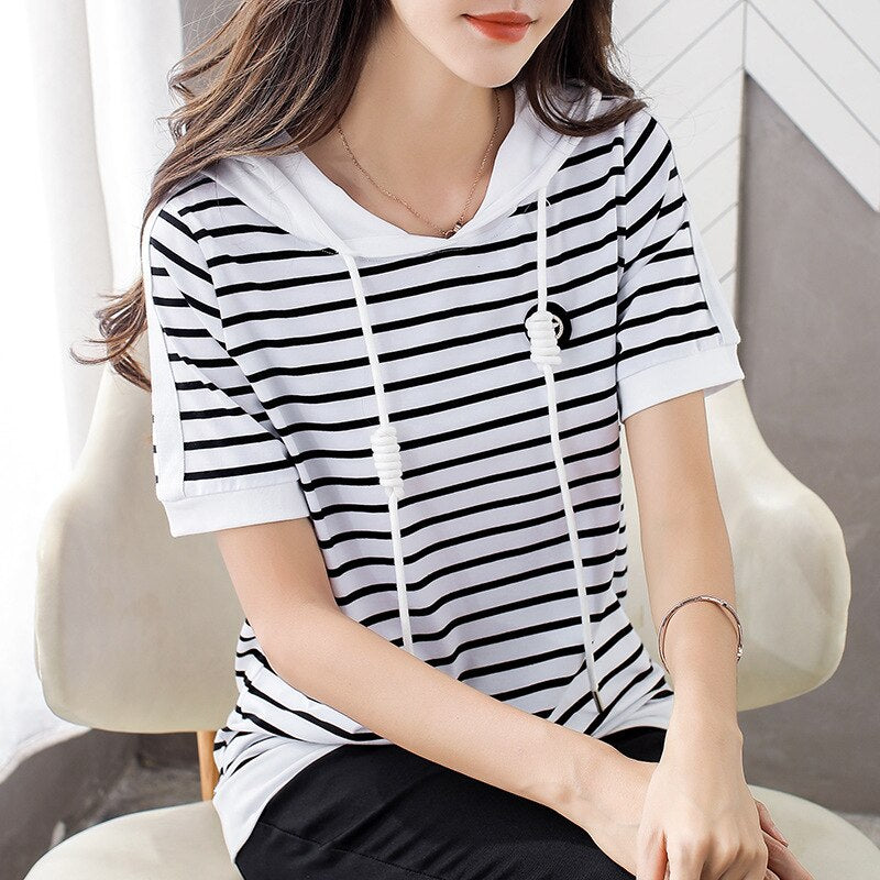 Women's Short Sleeve 2020 New Large Size Loose Striped Hooded T Shirts Summer T-shirt Tops Tee Fashion Clothes For Ladies AE0008