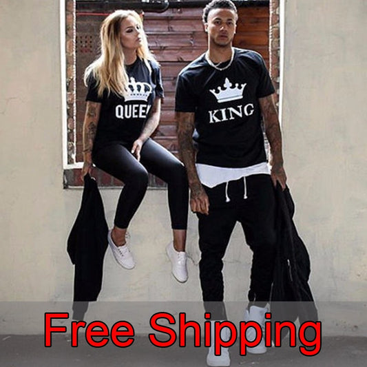 Couple Summer Funny Couple Women T-Shirts KING QUEEN Letter Printed T-shirts Couples Lovers Cotton short sleeve O Neck Tops