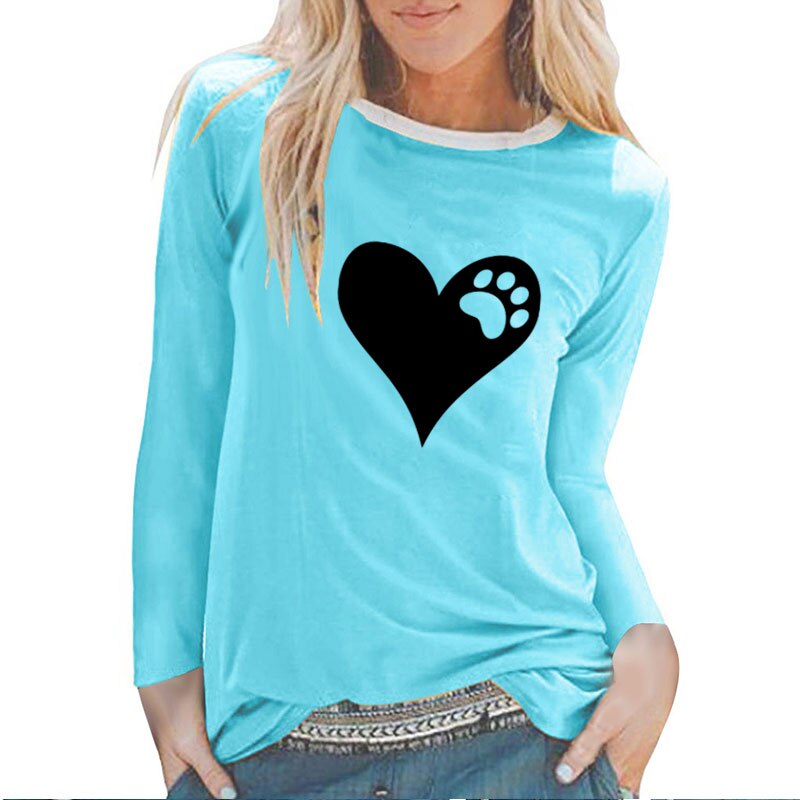 Heart Bear Paw Print Long Sleeve T-shirts Women Autumn