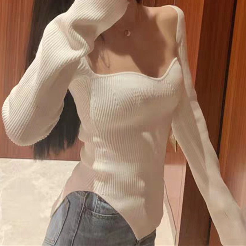 Spring Square Collar Knitted Women T-Shirts Slim Irregular