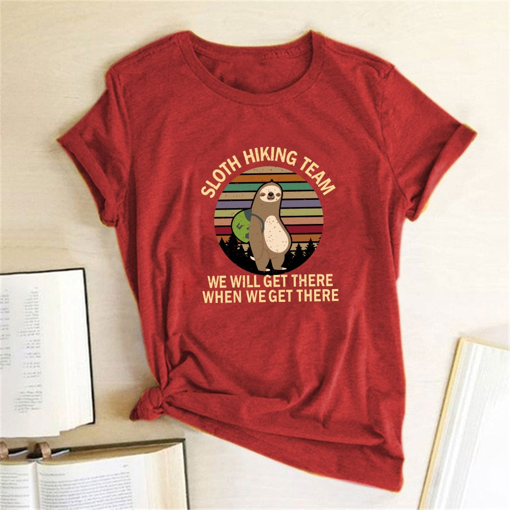 Sloth Hiking Team Printed Tshirts Women Summer Graphic Tees