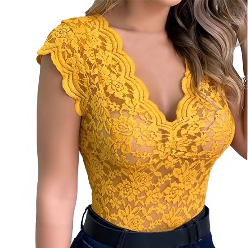 New Women Slim Tunic Lace V Neck T-shirt 2021 Sexy Elegant Summer Short Sleeve T Shirt Lace Flower Plus Size Tops T-shirts