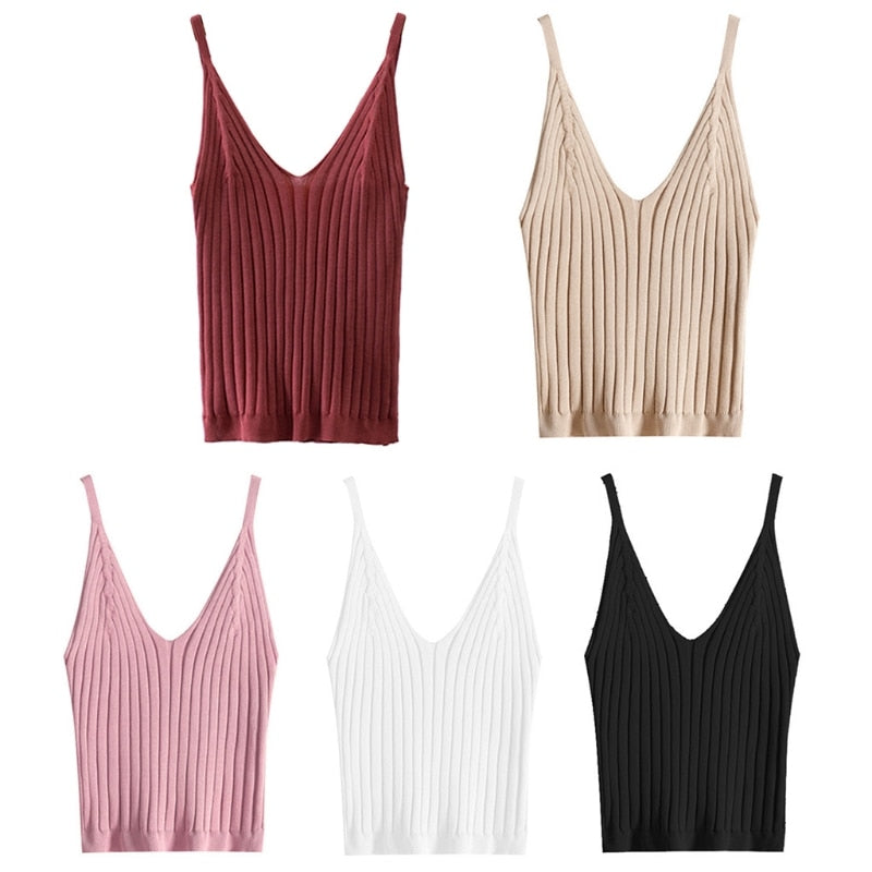 Women Sexy Sleeveless Crop Tank Top Ribbed Knitted Strap