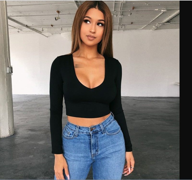 2020 Women T-Shirt Long Sleeve Sexy Ladies Deep V-Neck Crop Tops Spring Autumn Solid Color Basic Slim Female Clothing