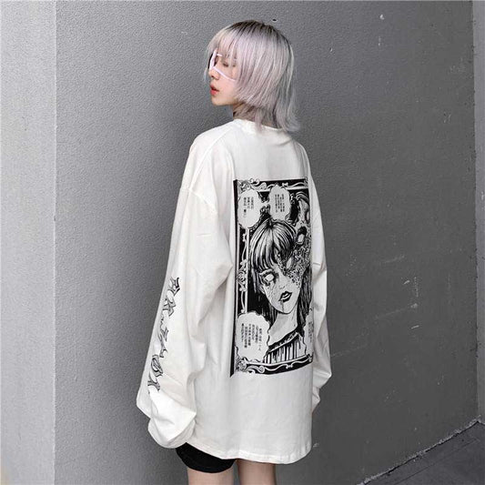 Gothic Cartoon Horror Graphic T-shirt Women Character Print Loose