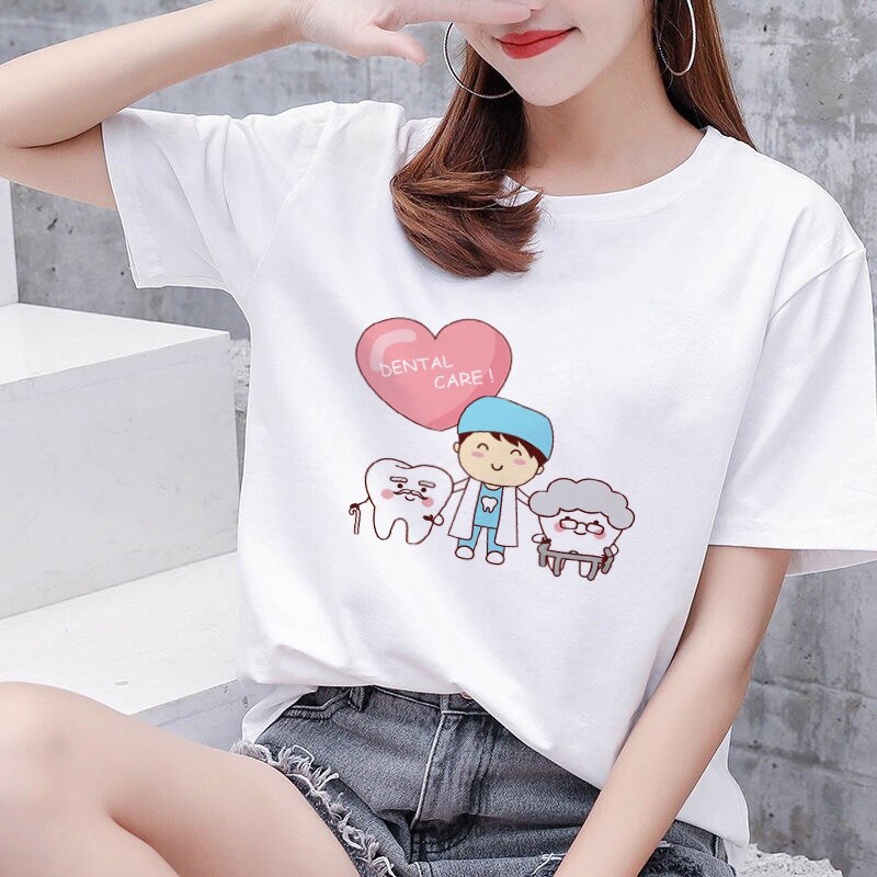 Aesthetic funny tooth dentist women's T-shirt 90s Harajuku Kawaii O-neck T-shirt pattern fashion printing Plus size women shirts