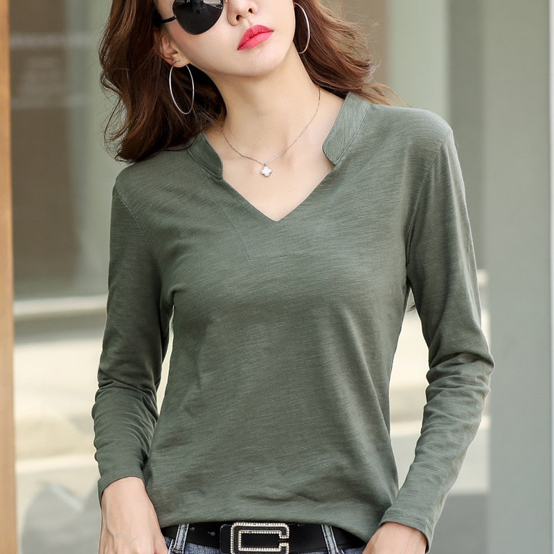 Long sleeve Women V-Neck Bamboo cotton T-shirt 2020 Plus size Loose Fashion Brand T-shirt Ladies Autumn winter Stand collar Tops