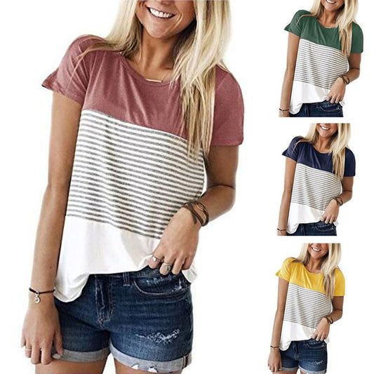 Women Stripe Tops Lady Fashion Three-color Stitching Short Sleeve Clothes Summer O-Neck T-Shirt