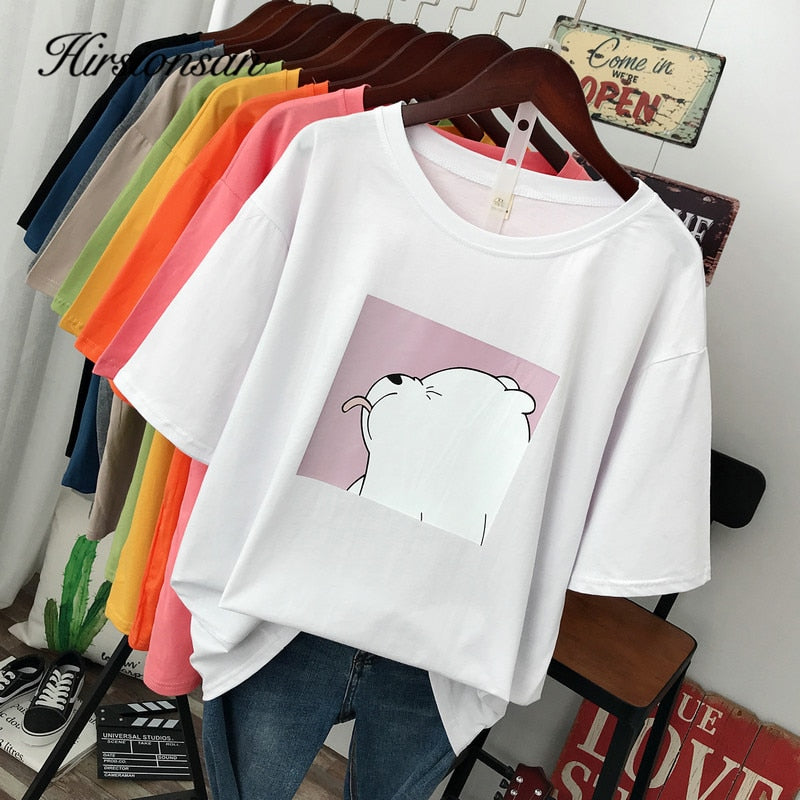 Hirsionsan Cute Bear Printed T Shirt Women New