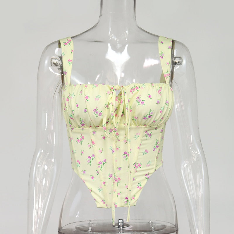 Floral Corset Women Sweet Print Hollow Up Tie Up Sexy Crop Top