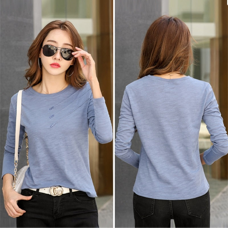 Long sleeve Women Bamboo cotton Casual T-shirt Female Loose