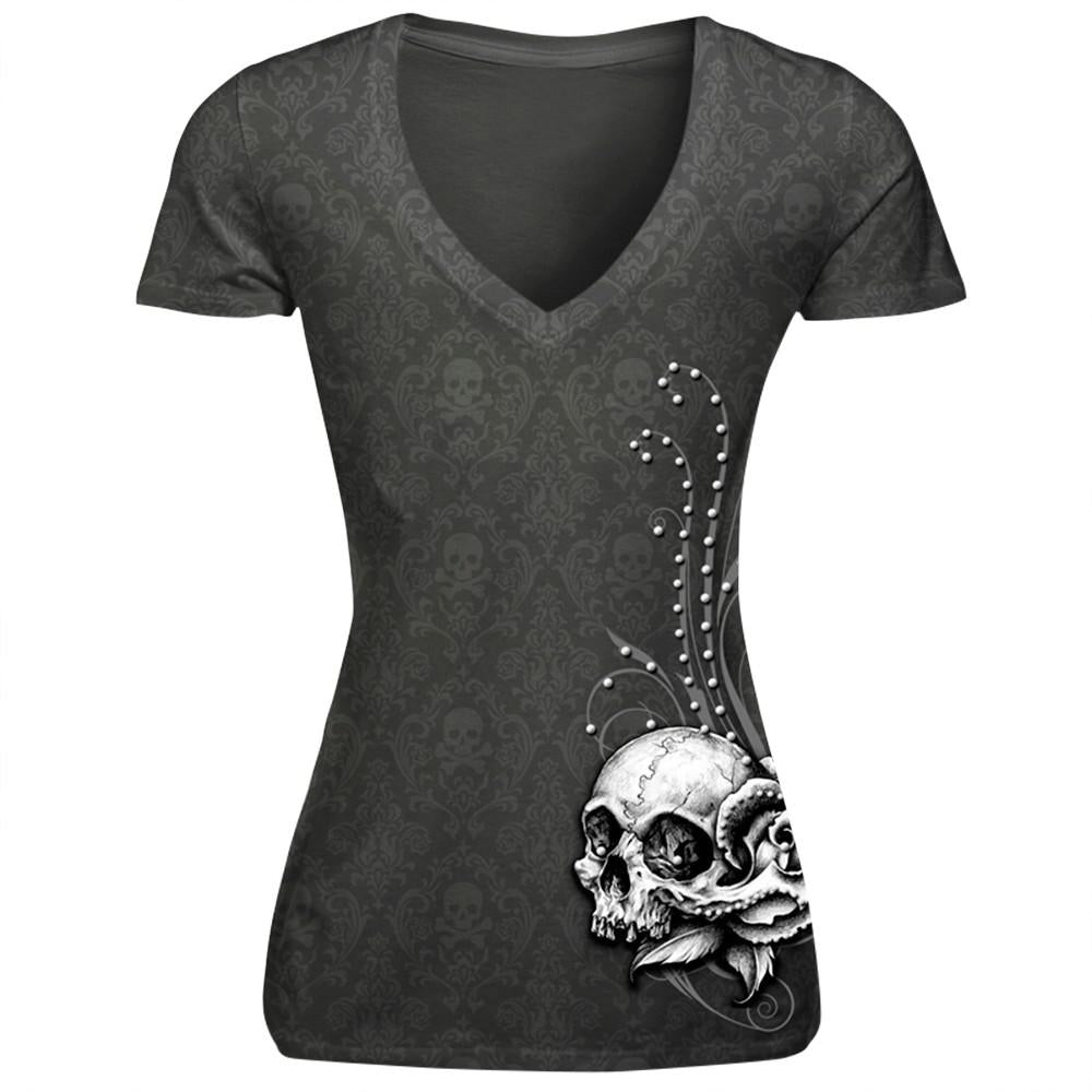 Free Shipping T-shirt Women Casual Comfortable V-neck Shirts Women Top Tees Red Mouth Black Skull Prints Short Sleeve