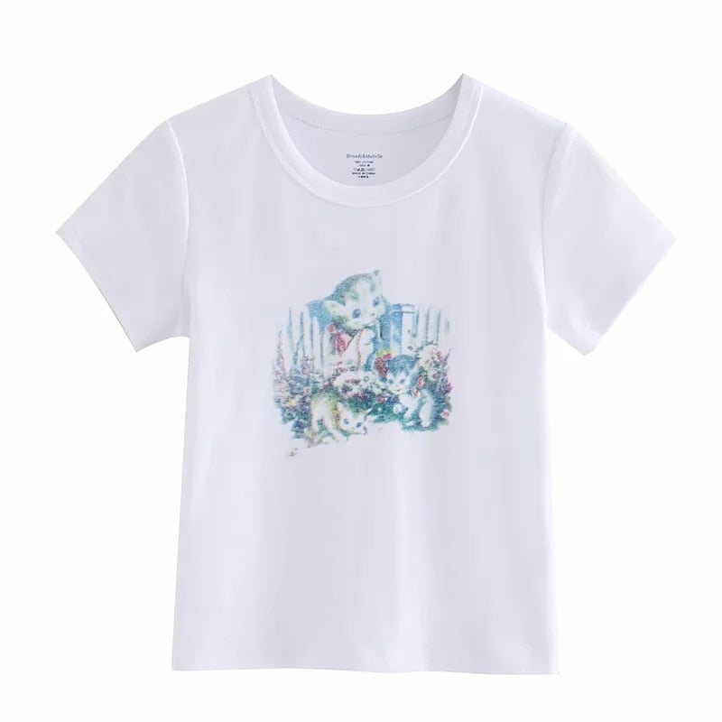 Women Kitten Print Cropped Cotton Tee Short Sleeved Cotton Crop T-shirt