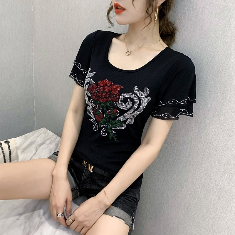 Korean Clothes T-shirt Fashion Diamonds Rose Women Tops