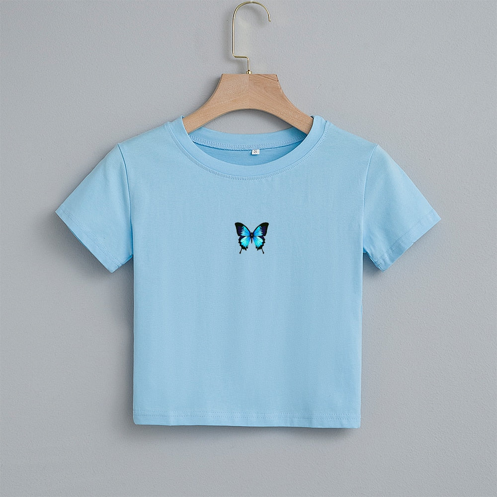 Fashion Cartoon Blue Butterfly Print Crop Top