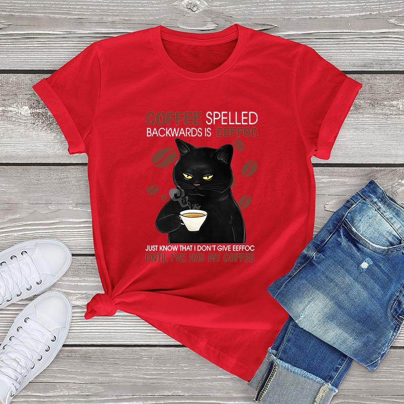 100% cotton t shirt women Black Cat Coffee Spelled Backwards Is Funny Cat Coffee tops unisex T Shirt harajuku women's tees gift