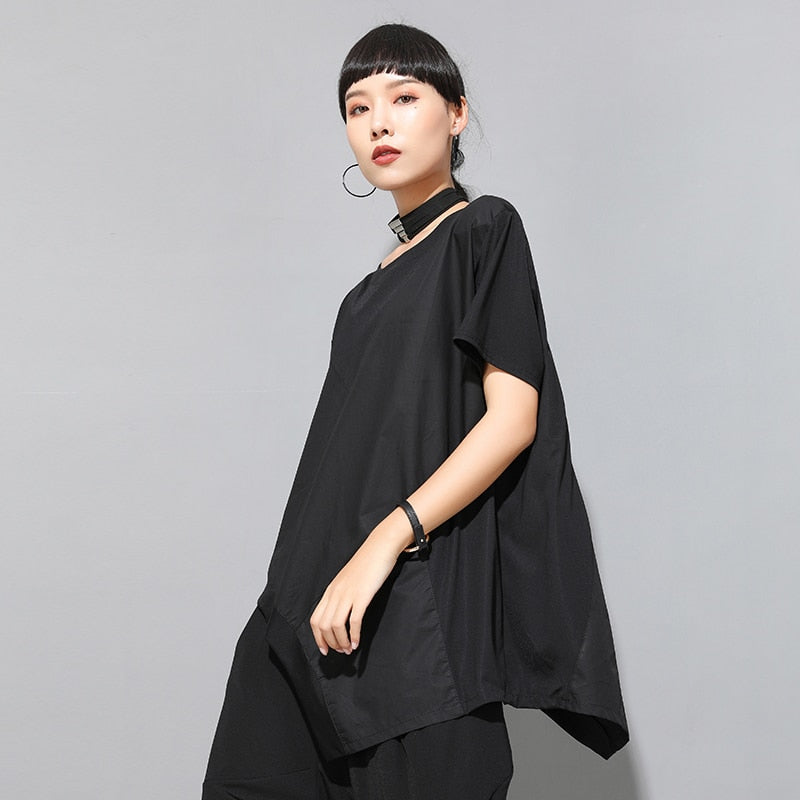 [EAM] Women Black Irregular Split Joint Big Size T-shirt New Round Neck Long Sleeve Fashion Tide Spring Summer