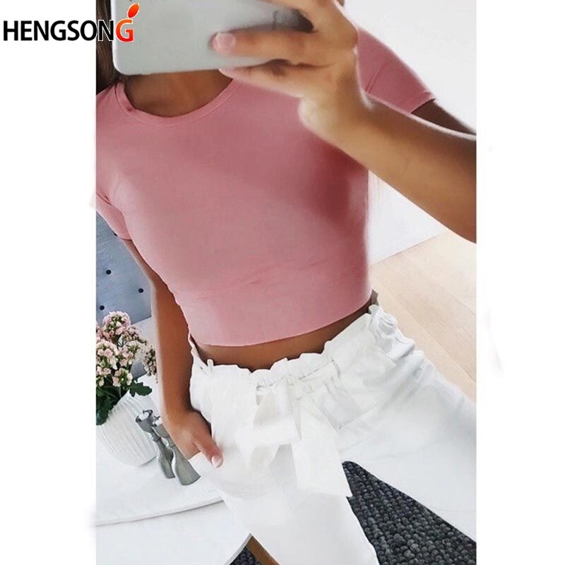 Summer Women Fashion Crop Top Shirt Solid Color O-Neck