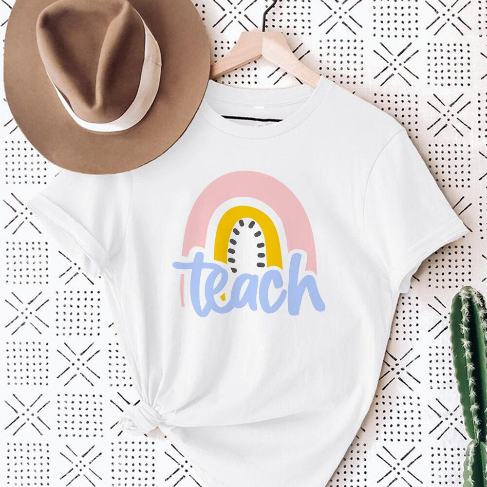 Love Rainbow Print White T-shirt Teacher Life Short Sleeve