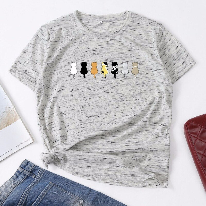 Cotton Summer Women T Shirt S-5XL Plus Size Cute Cats Print Short Sleeve Ladies Basic Tees Top Casual O-Neck Female Woman TShirt