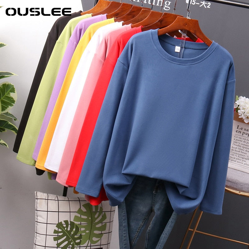 OUSLEE Cotton Long Sleeve T Shirt Women Casual Basic Women's T-shirts Solid Colors Top Female Fashion Korean Tee Shirt Plus Size